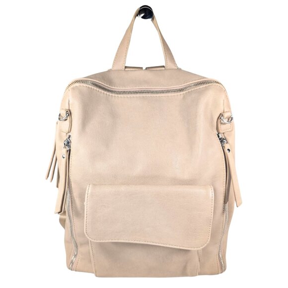 Miztique Beige Faux Leather Lined Zip Convertible Backpack Lots of Pockets - Picture 2 of 12